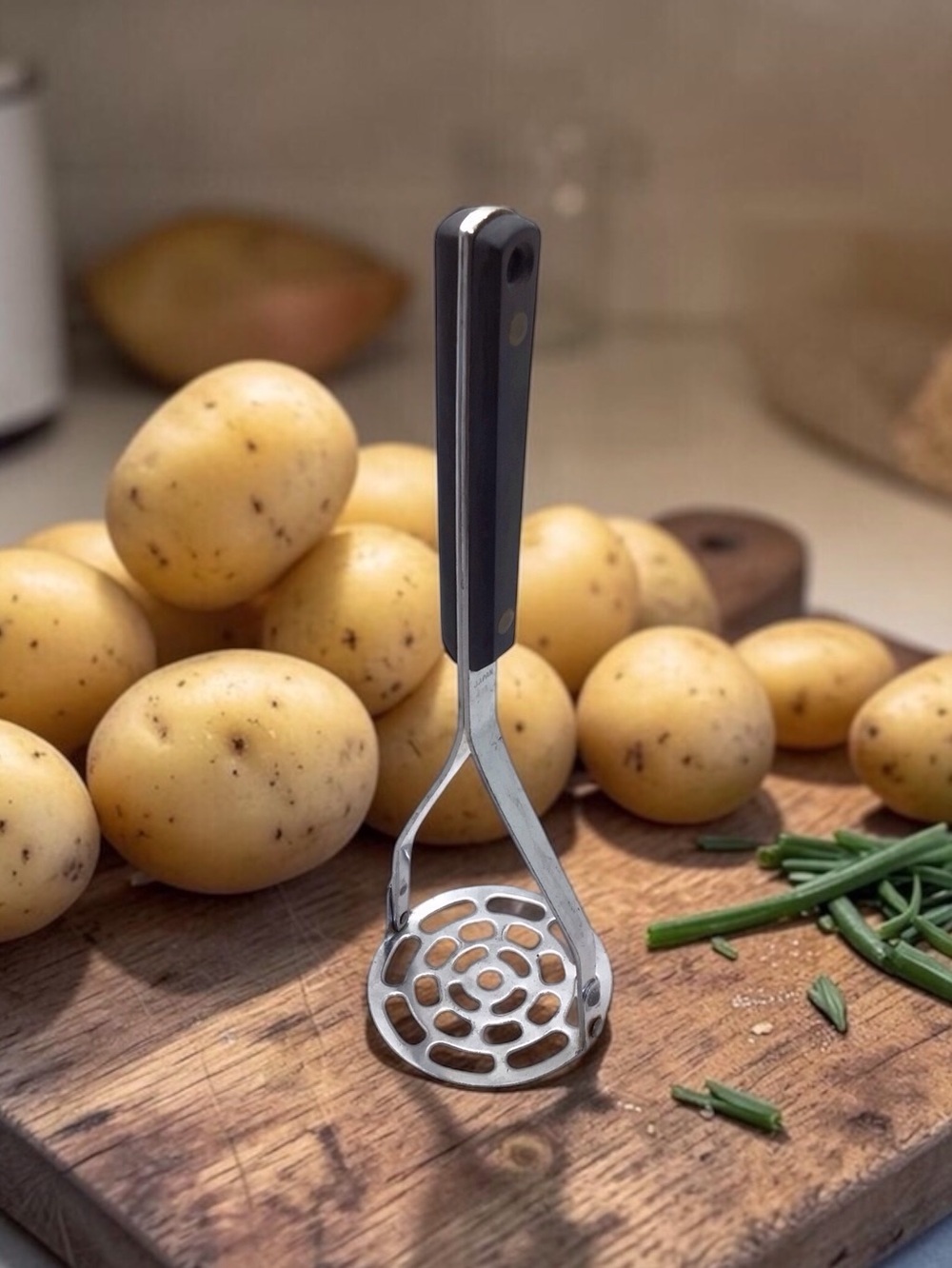 Vintage Japan Stainless Steel Potato Masher Black Riveted Handle Kitchen Utensil
